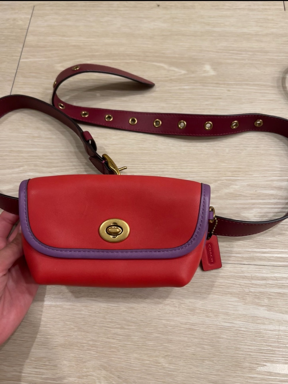 Coach Red Turnlock Flare Belt Bag with Purple Trim